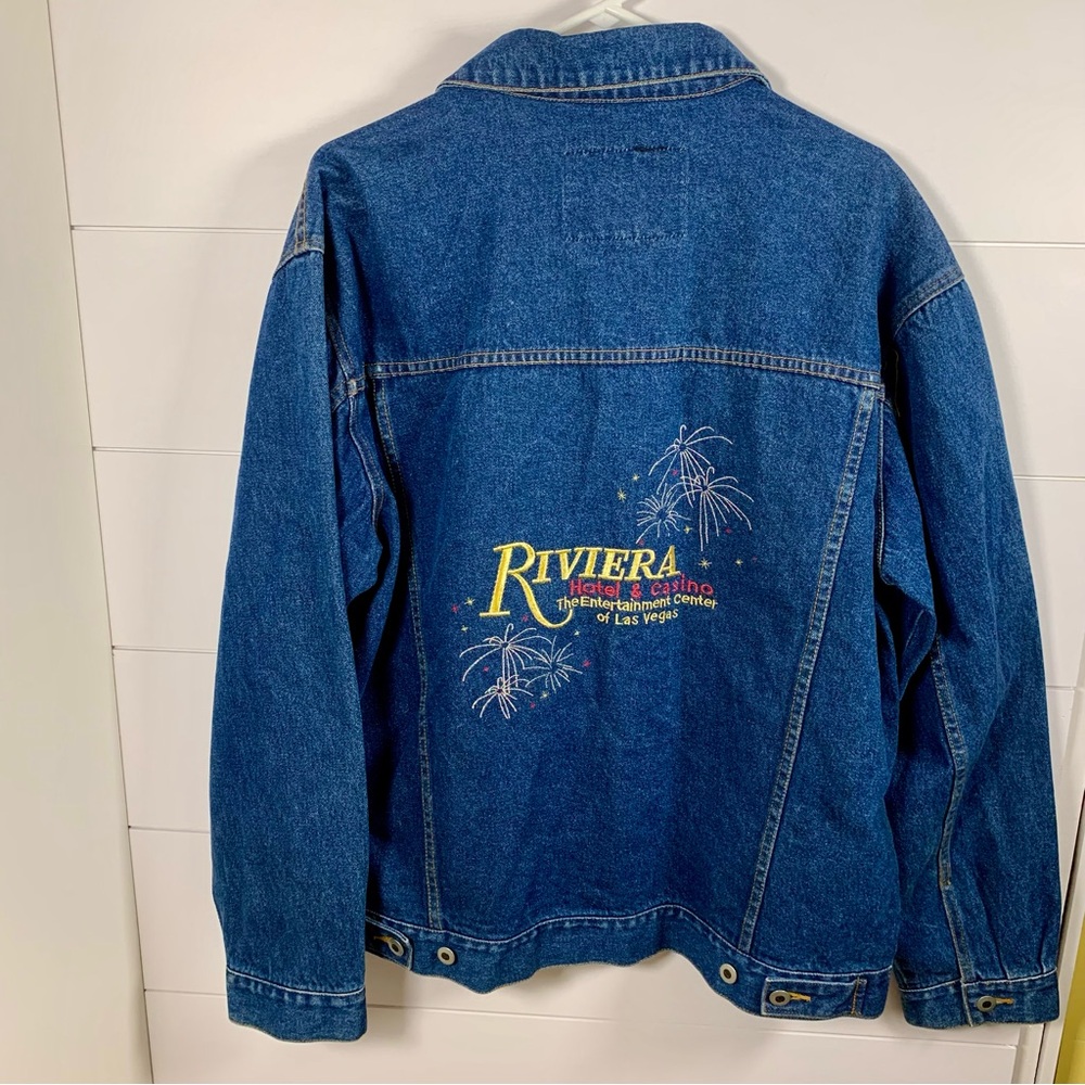 Vintage 90s Y2K Denim Jacket Riviera Hotel Las Vegas Men L Trucker Jean Blue EUC